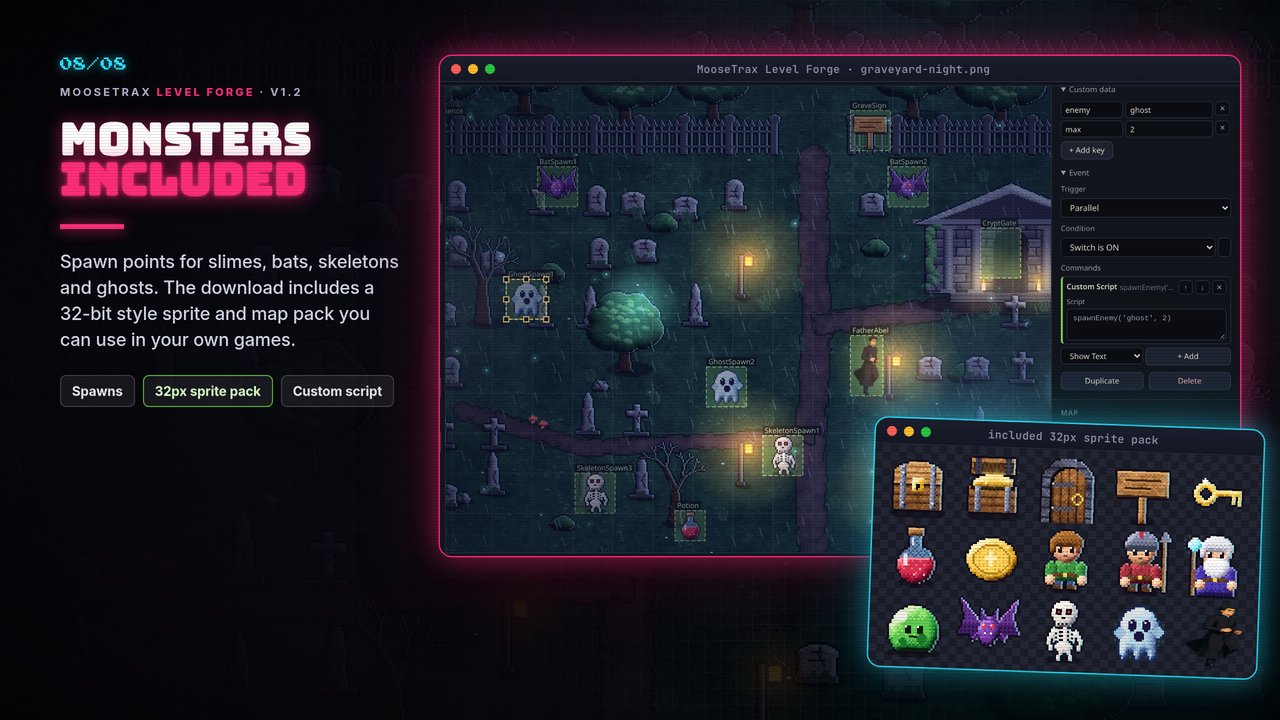 Ghost, skeleton, bat and slime spawn points on a graveyard map, with the included 32px sprite pack