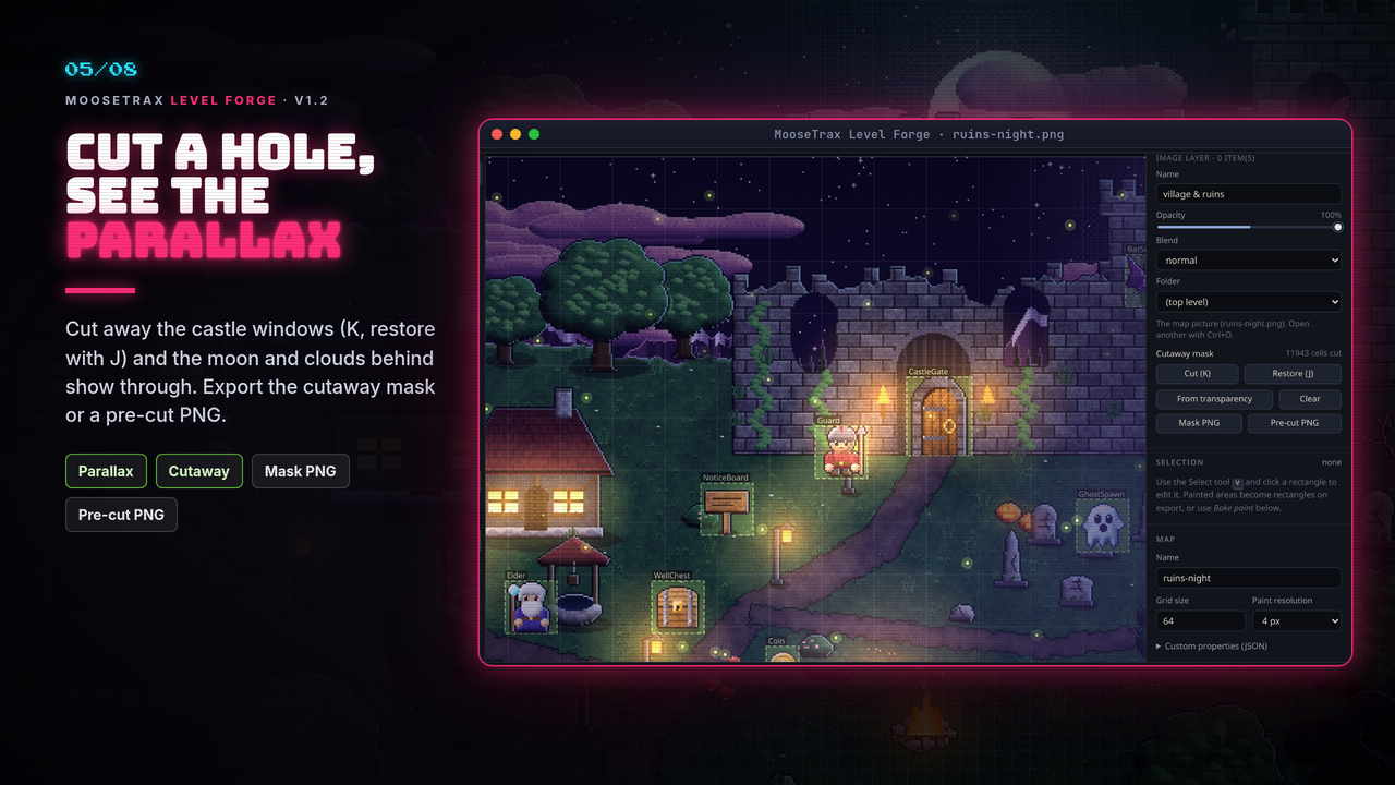 Castle windows cut out of the map so the parallax moon and clouds show through, with the Cutaway mask tools
