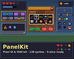 PanelKit – Pixel UI & HUD Kit (138 sprites, 9-slice) cover