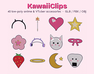 KawaiiClips – 40 Low-Poly Anime & VTuber Accessories (GLB/FBX/OBJ) cover