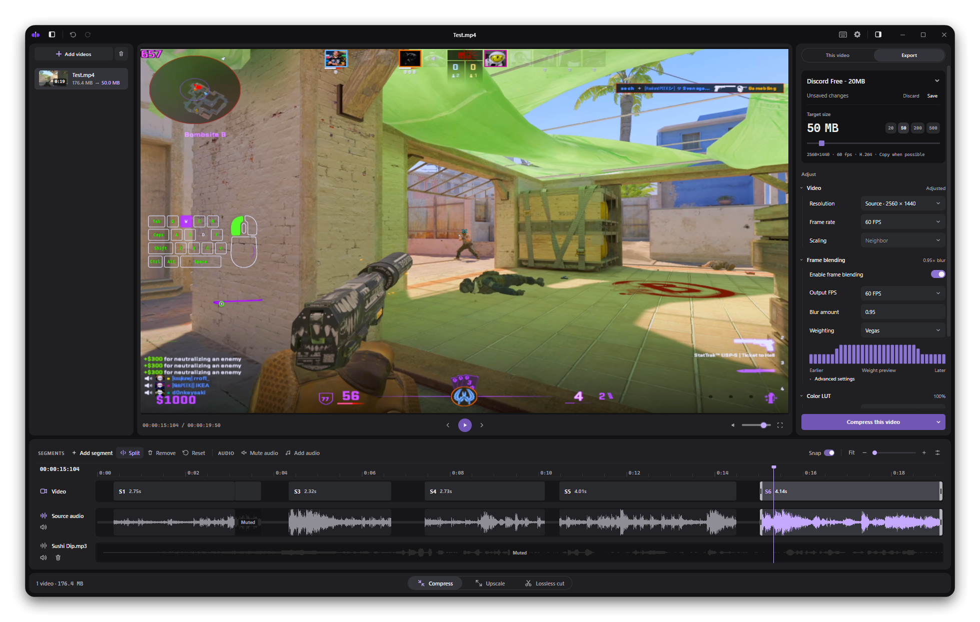 Tuck editor showing a gameplay preview, timeline, audio tracks and export settings
