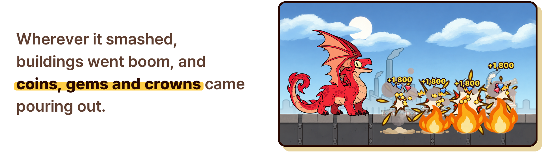 Wherever it smashed, buildings went boom, and coins, gems and crowns came pouring out.