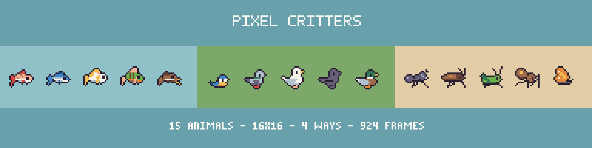 Pixel Critters: 15 Animated Fish, Birds & Bugs (16x16, 4 Directions)