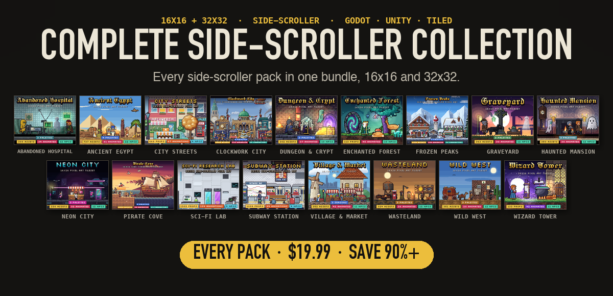 Complete Side-Scroller Pixel Art Collection: every side-scroller pack for $19.99