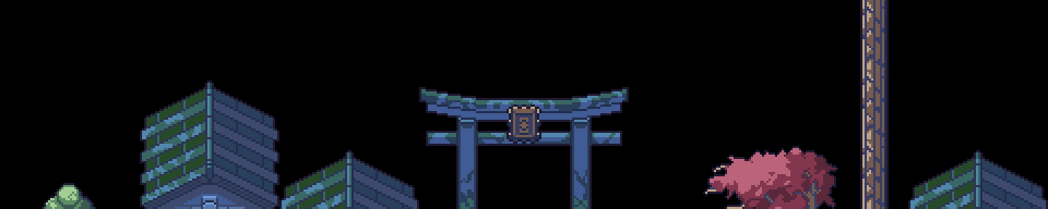 Animated pixel art cityscape with buildings, a torii gate, a pink tree, and a tall structure at night.
