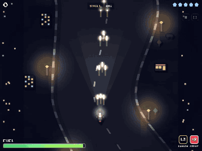 MIDNIGHT: the bike's headlamp cutting through a dark city street lined with lamps