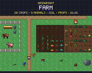 Gridwright Farm: 16x16 Pixel Art Farming Tileset, Crops & Animals (521 sprites)