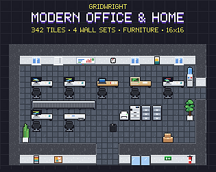 Gridwright Modern Office & Home: 16x16 Pixel Art Interior Tileset (342 tiles)