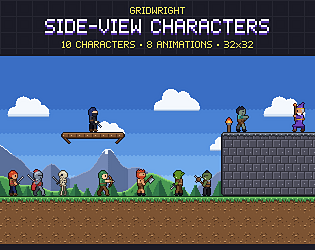 Gridwright Side-View Characters: 32x32 Pixel Art Platformer Sprites (10 characters, animated)