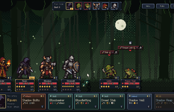 Hovering two skills: the turn order on top shows where each one would send Raven. She strikes, and the goblin moves up.