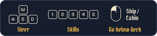 Controls: WASD to steer, 1-5 for skills, click the ship to go below deck