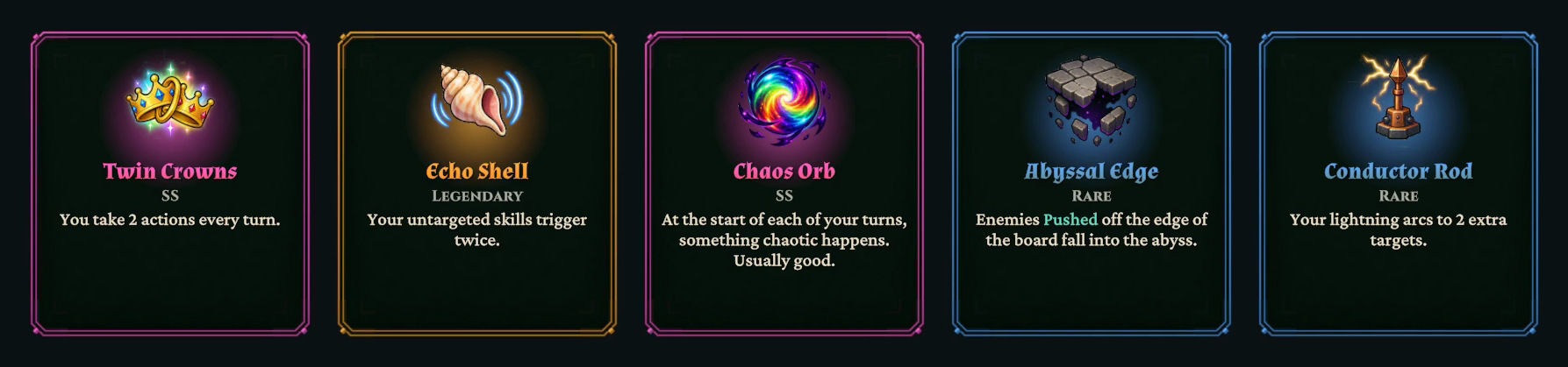 Relics: Twin Crowns, Echo Shell, Chaos Orb, Abyssal Edge and Conductor Rod.