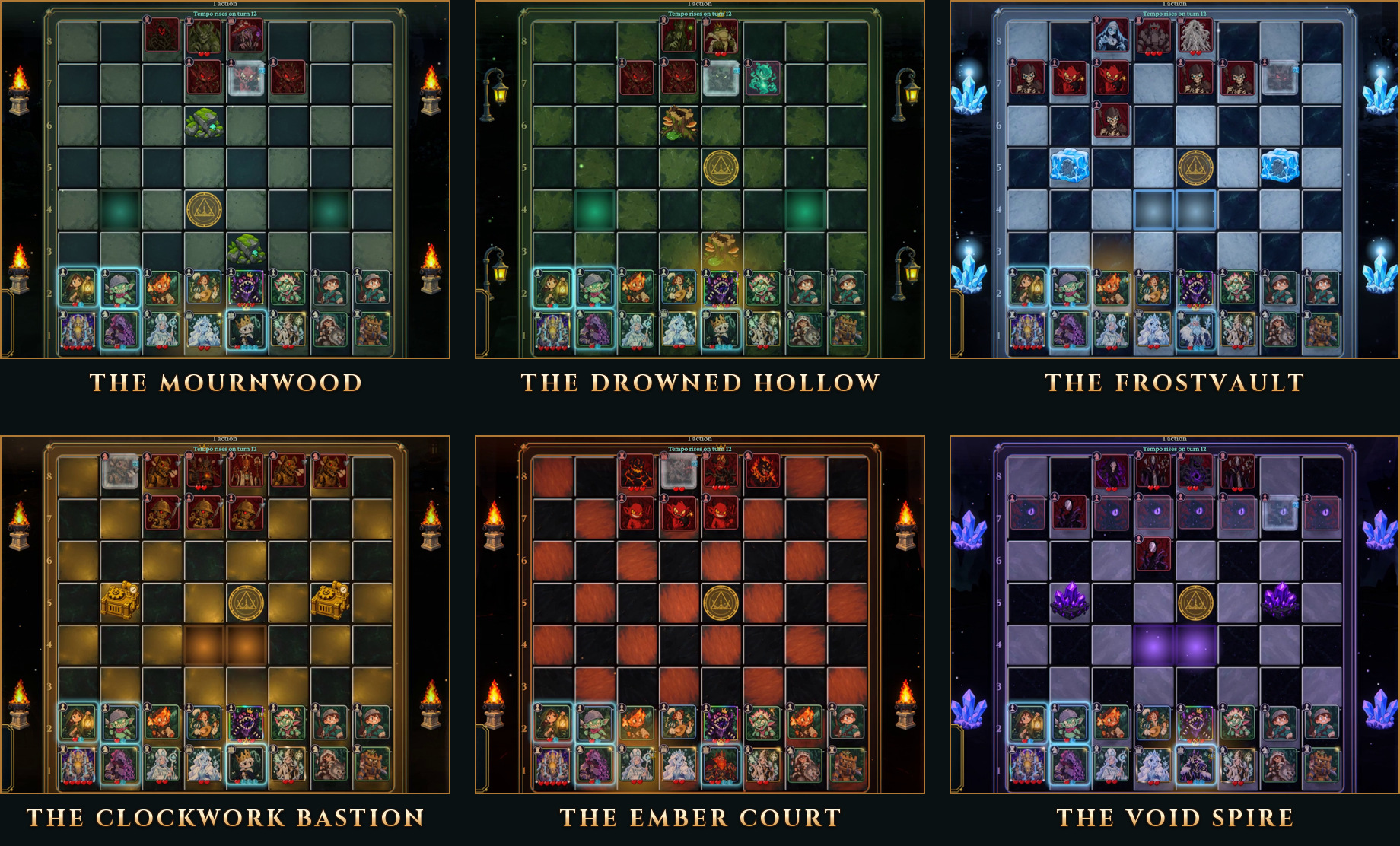 The six realms: the Mournwood, the Drowned Hollow, the Frostvault, the Clockwork Bastion, the Ember Court and the Void Spire.