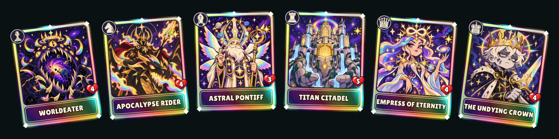 The six SSS pieces: Worldeater, Apocalypse Rider, Astral Pontiff, Titan Citadel, Empress of Eternity and The Undying Crown.