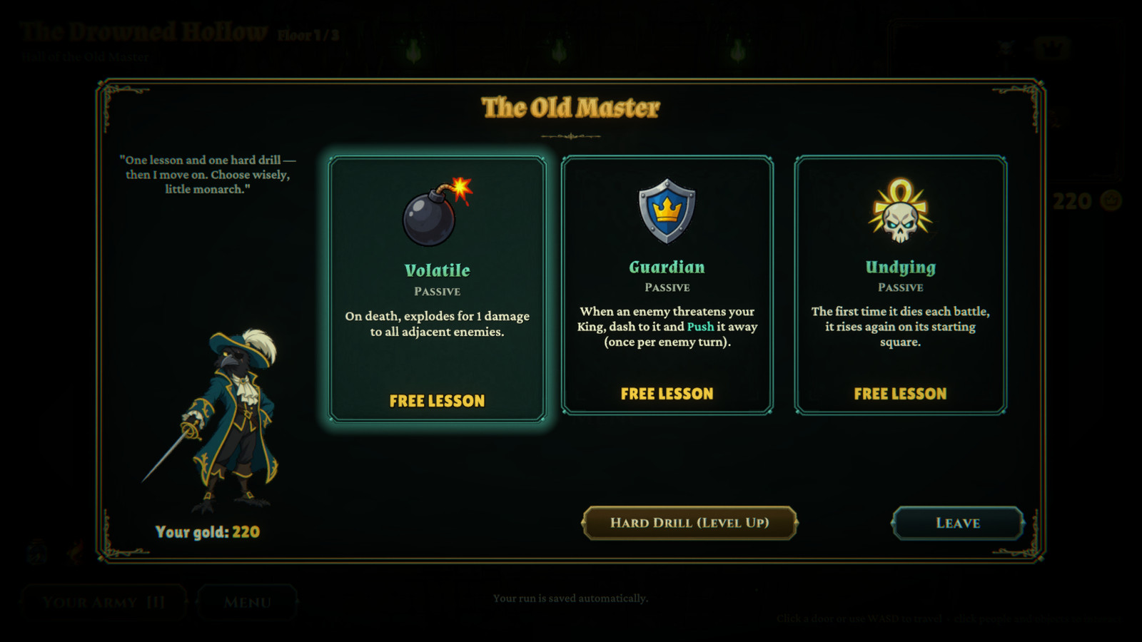 Screenshot: the Old Master teaches a new trait.