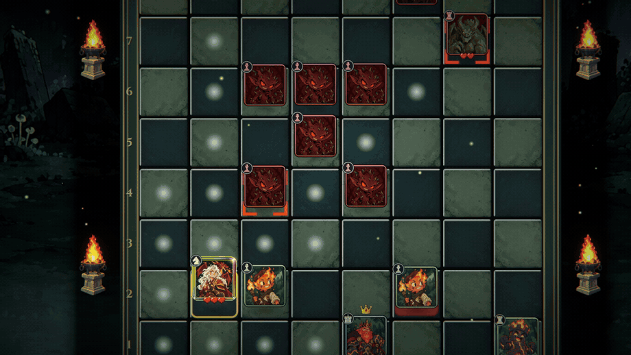 Gameplay: the Wyrm Rider's Dragon's Breath sets a three by three block of enemies ablaze.