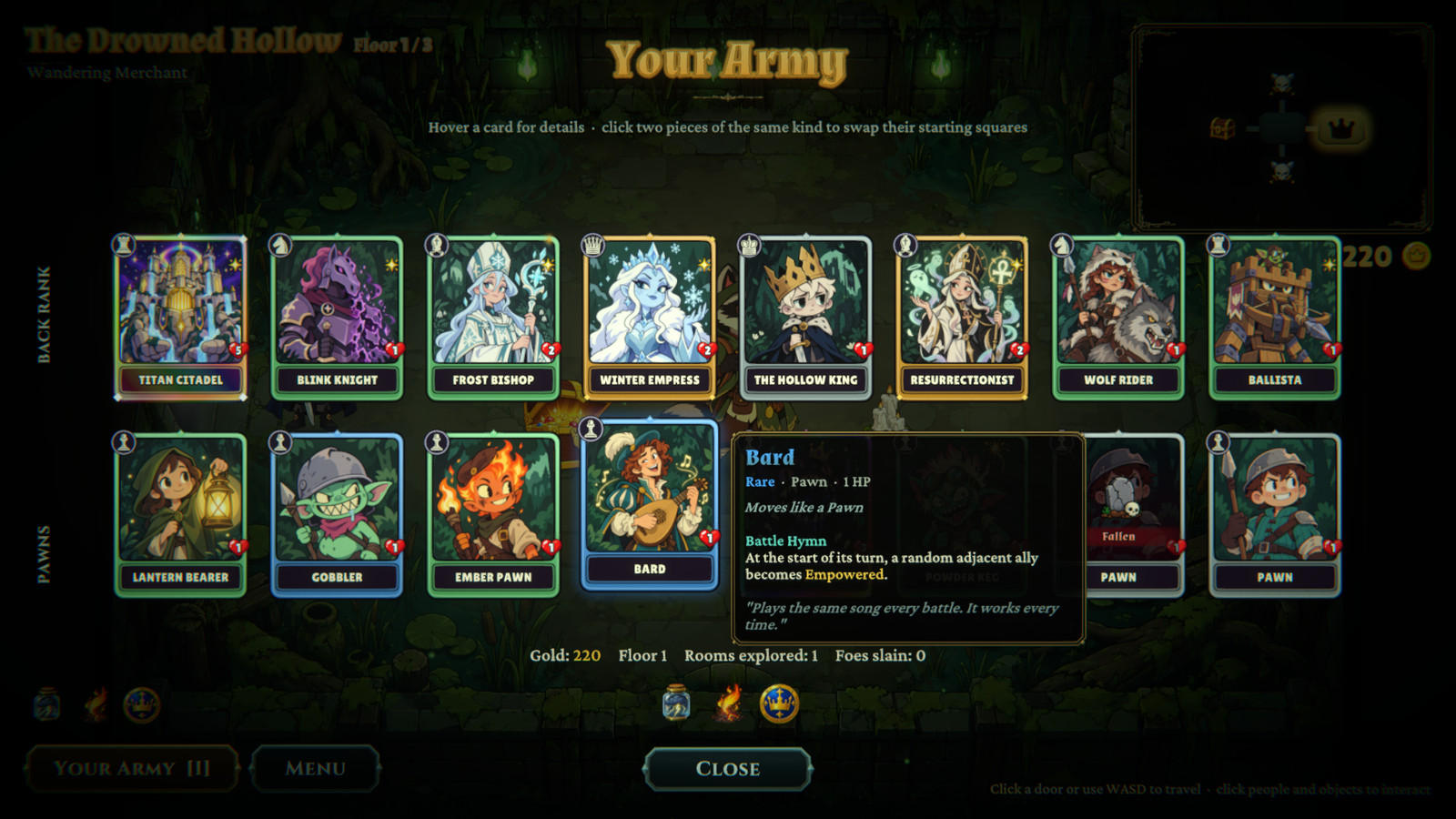 Screenshot: your army of sixteen pieces.