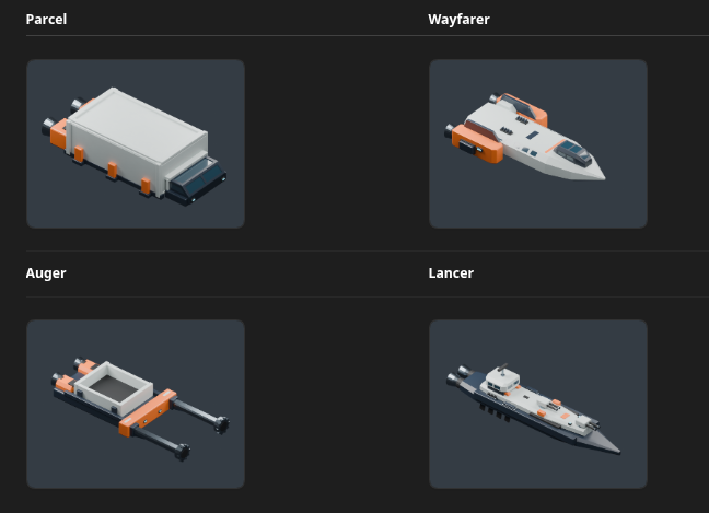 A few ship roles: Parcel, Wayfarer, Auger and Lancer