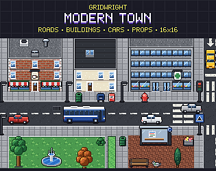Gridwright Modern Town: 16x16 Pixel Art City Tileset with Cars (445 tiles)