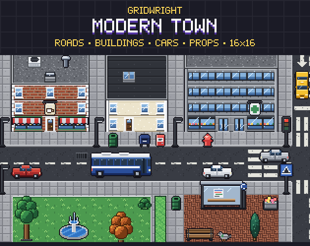 Gridwright Modern Town: 16x16 Pixel Art City Tileset with Cars (445 tiles) — image 1
