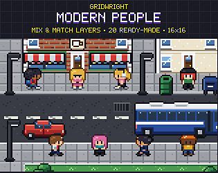 Gridwright Modern People: 16x16 Pixel Art Characters with Mix & Match Layers (243 layers)
