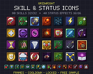 Gridwright Skill & Status Icons: 32x32 Pixel Art RPG Skill Icons + 40 Buffs & Debuffs