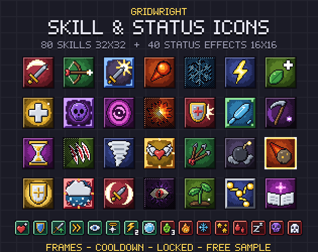 Gridwright Skill & Status Icons: 32x32 Pixel Art RPG Skill Icons + 40 Buffs & Debuffs — image 1