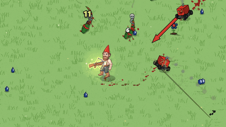 The garden gnome fights lawn mowers and snakes, golden numbers mark critical hits