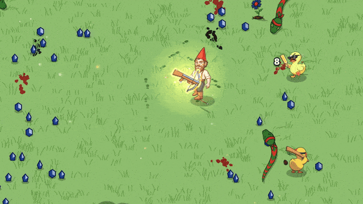The garden gnome runs through the garden between snakes, lawn mowers and ducks while blue XP crystals lie in the grass