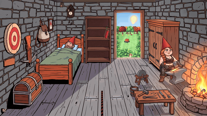 The garden gnome wakes up in the shed next to the chest while Berta the blacksmith works at the anvil