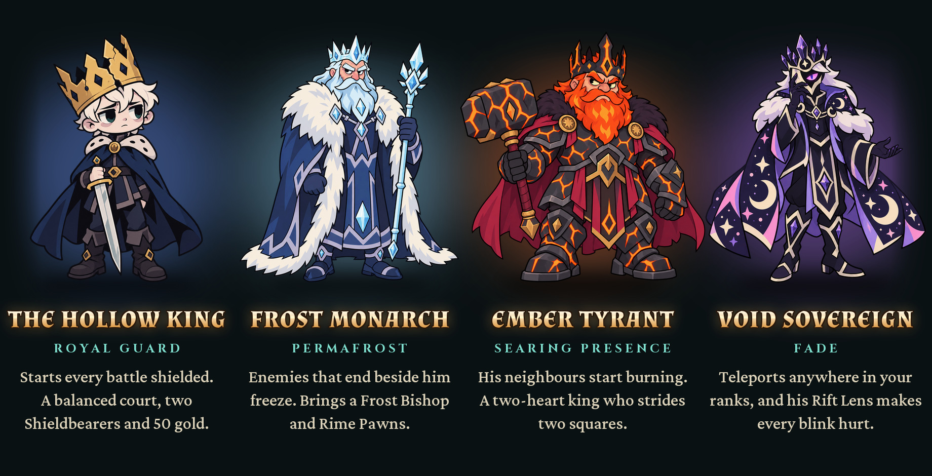 The four kings: the Hollow King, the Frost Monarch, the Ember Tyrant and the Void Sovereign.