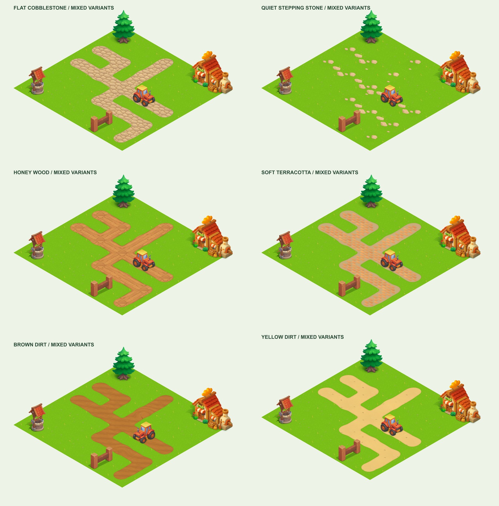 Six road styles shown in matching isometric farm layouts