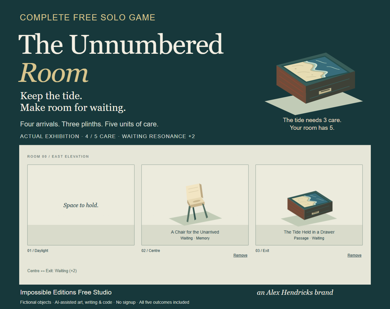 Official The Unnumbered Room cover showing a museum exhibition with a chair, a tide held in a drawer, and an empty plinth. Complete free solo game.