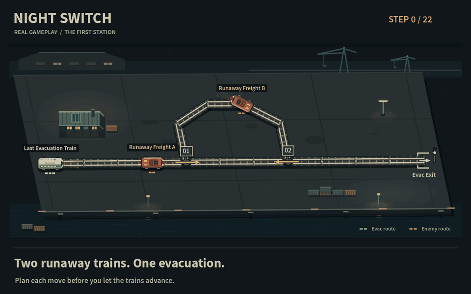 Actual gameplay: switch tracks, collide enemy trains, and bring the evacuation train home.