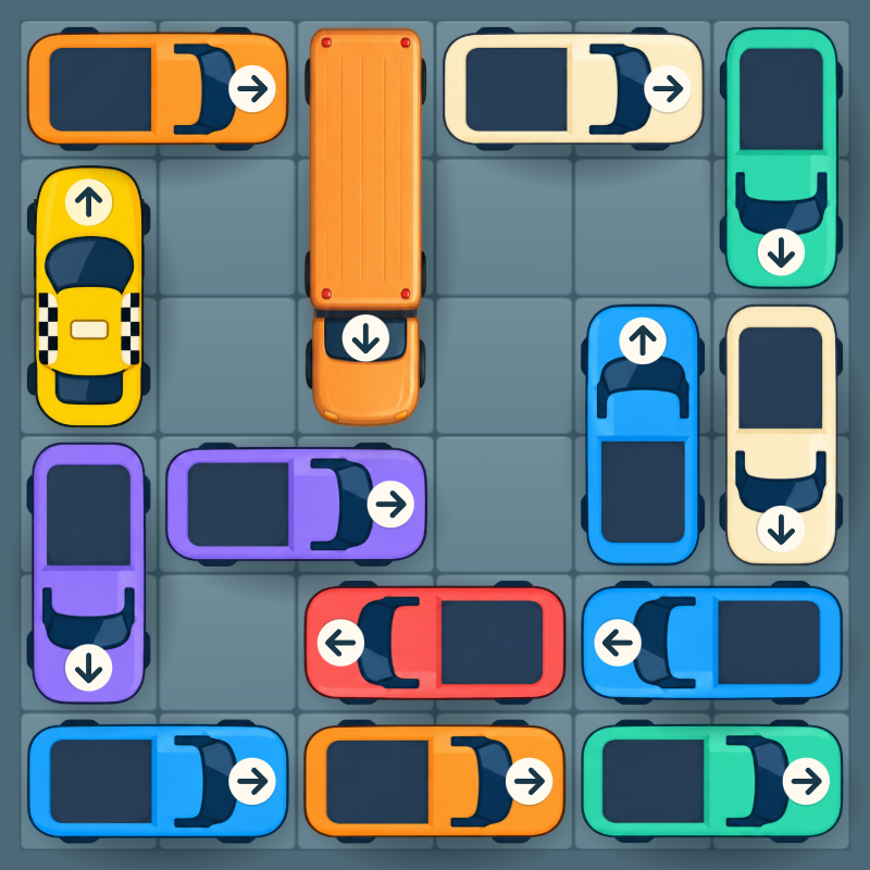 A real Parking Chain puzzle: level 28 with cars pointing in different directions
