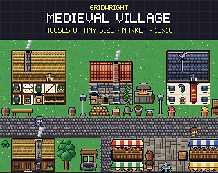 Gridwright Medieval Village: 16x16 Pixel Art Fantasy Town Tileset (377 tiles + houses)