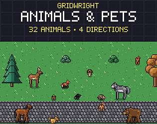 Gridwright Animals & Pets: 16x16 Pixel Art Top-Down Animals (32 animals, 4 directions)