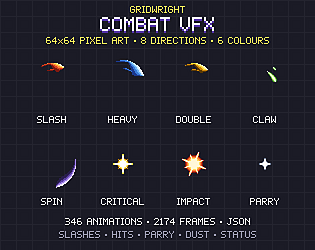 Gridwright Combat VFX: 64x64 Pixel Art Slashes, Hits & Impacts (346 animations, 8 directions)