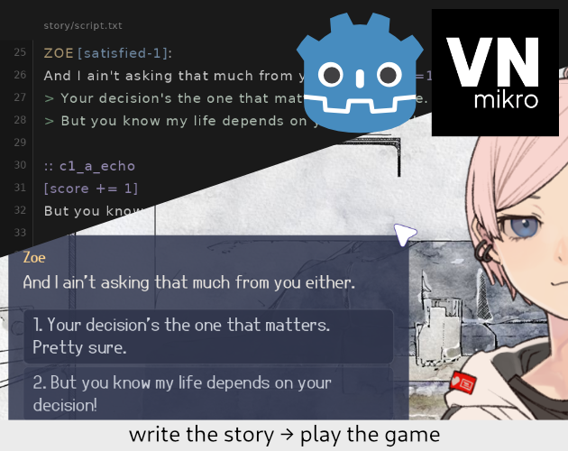 Screenplay First Scene Example Tutorial: edit script.txt and reload - VN-Mikro - Script-first Visual ...