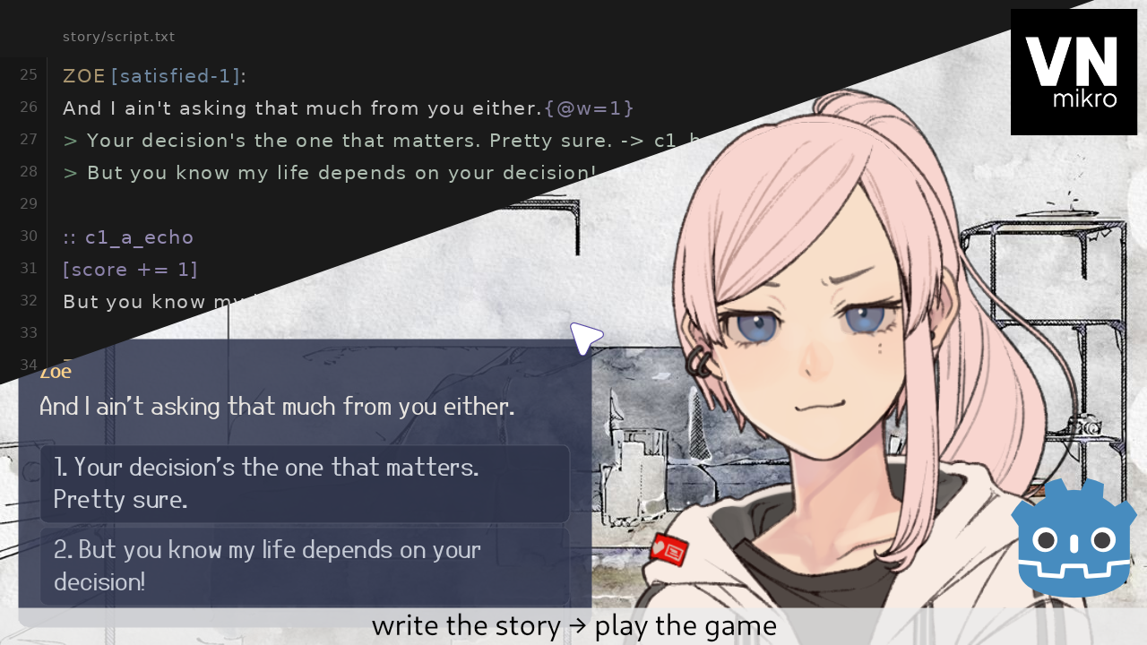 Screenplay First Scene Example Tutorial: edit script.txt and reload - VN-Mikro - Script-first Visual ...