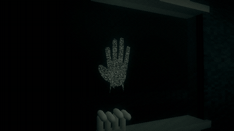 A handprint and fingers against the booth window.