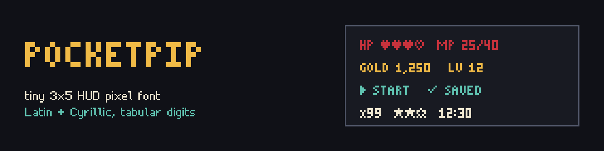 Pocketpip - Tiny 3x5 Pixel Font for HUDs