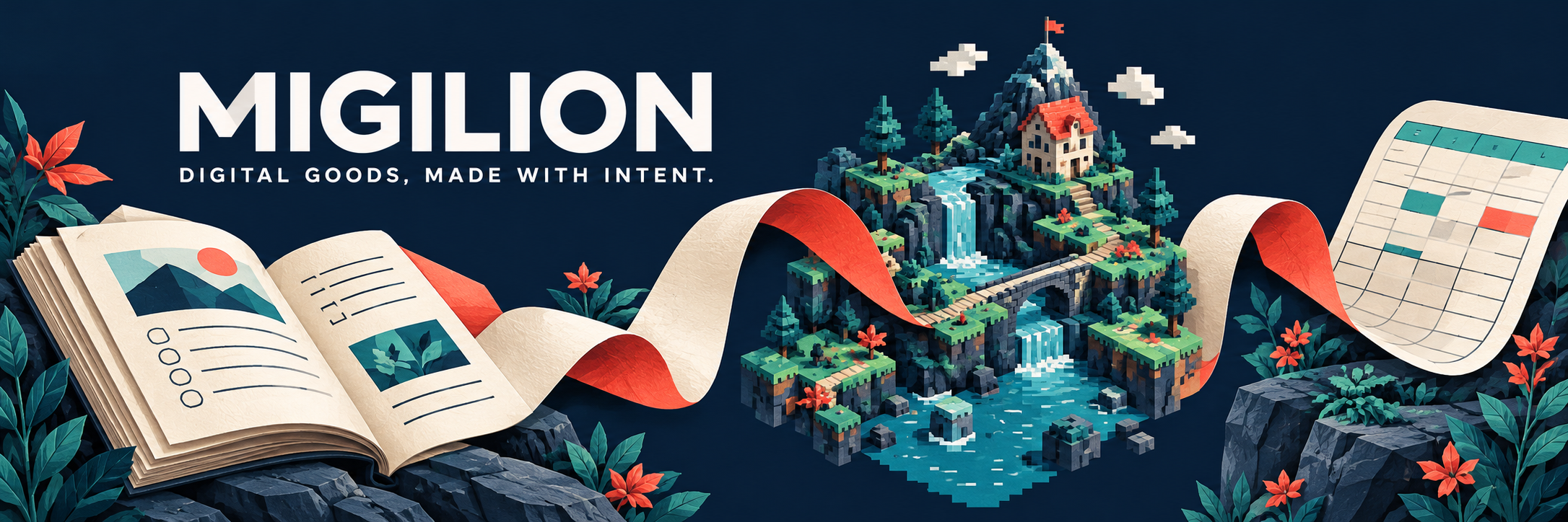 Migilion digital studio: workbook, pixel world, and spreadsheet motifs