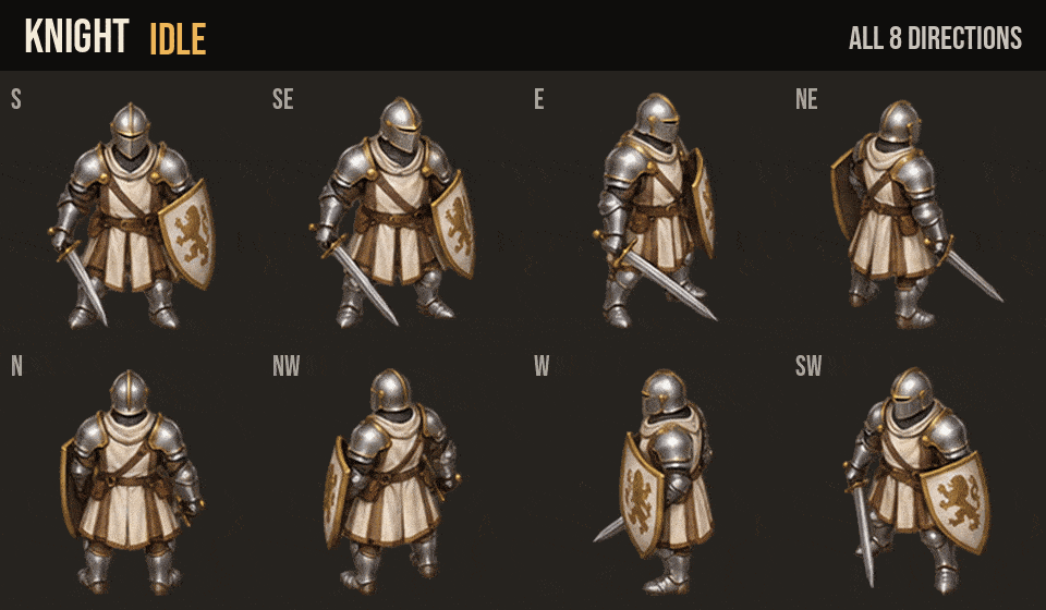 Knight idle, walk and run in all 8 directions
