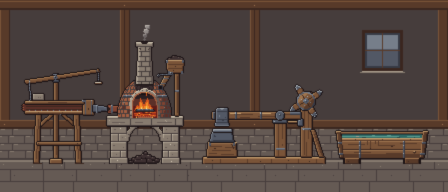 The whole forge at 2x running one cycle: the bellows pumps three times and the furnace flares, the billet is carried to the anvil, the trip hammer strikes it three times with sparks while the furnace takes a charcoal feed, then the billet is dipped into the trough with a plume of steam and returned to the fire.