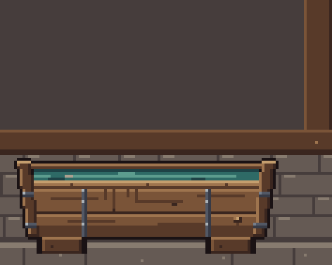 The oak quench trough at 4x: the red billet arrives in the tongs and is plunged behind the front planks, the water splashes and boils, a cloud of steam rises, spreads and breaks up, the cold billet is lifted out dripping and carried away, and the water settles to its idle ripple.