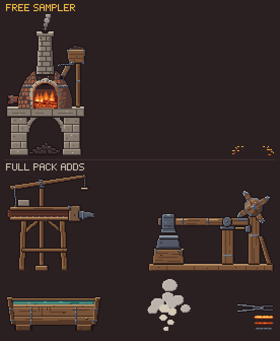 Two labelled bands of sprites at 2x. Free sampler: the furnace and the ember burst. Full pack adds: the bellows, the trip hammer with anvil, the quench trough, the quench steam, the tongs and the billet in its hot, red and cold poses.