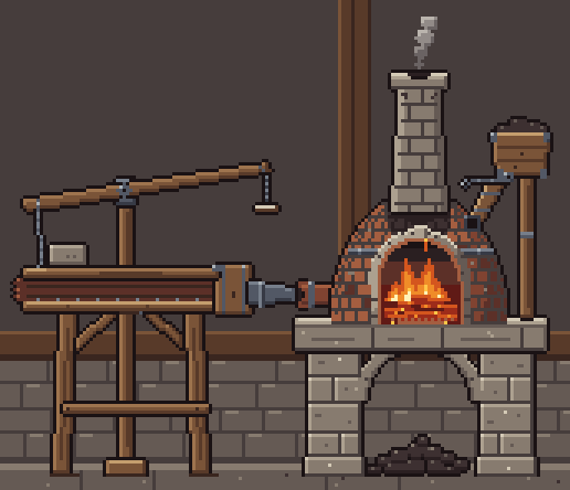 Bellows and furnace at 3x: the chain grip is pulled down, the rocker lifts the weighted top board and the leather folds fan open; after a short hang the board falls, and the furnace flames flare and lean away from the nozzle before settling back to their normal burn.