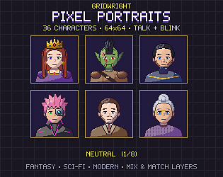 Gridwright Pixel Portraits: 64x64 Pixel Art Dialogue Portraits with Expressions (36 characters)