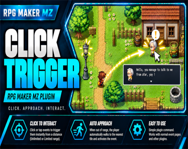 CT Click Trigger RPG Maker MZ plugin banner showing a mouse cursor selecting a distant NPC, with an approach arrow and dialogue example.